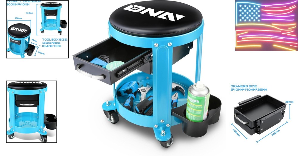 Compact Mechanics Roller Stool with Storage Drawer - 300 lbs Blue Design