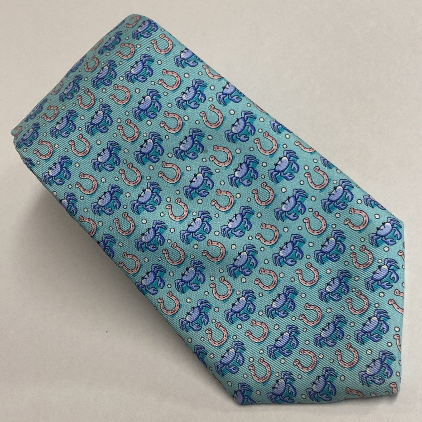 Vineyard Vines Boys Teal Blue Repp Silk Tie Lucky Horse Shoe Crabs 49.5” USA E2