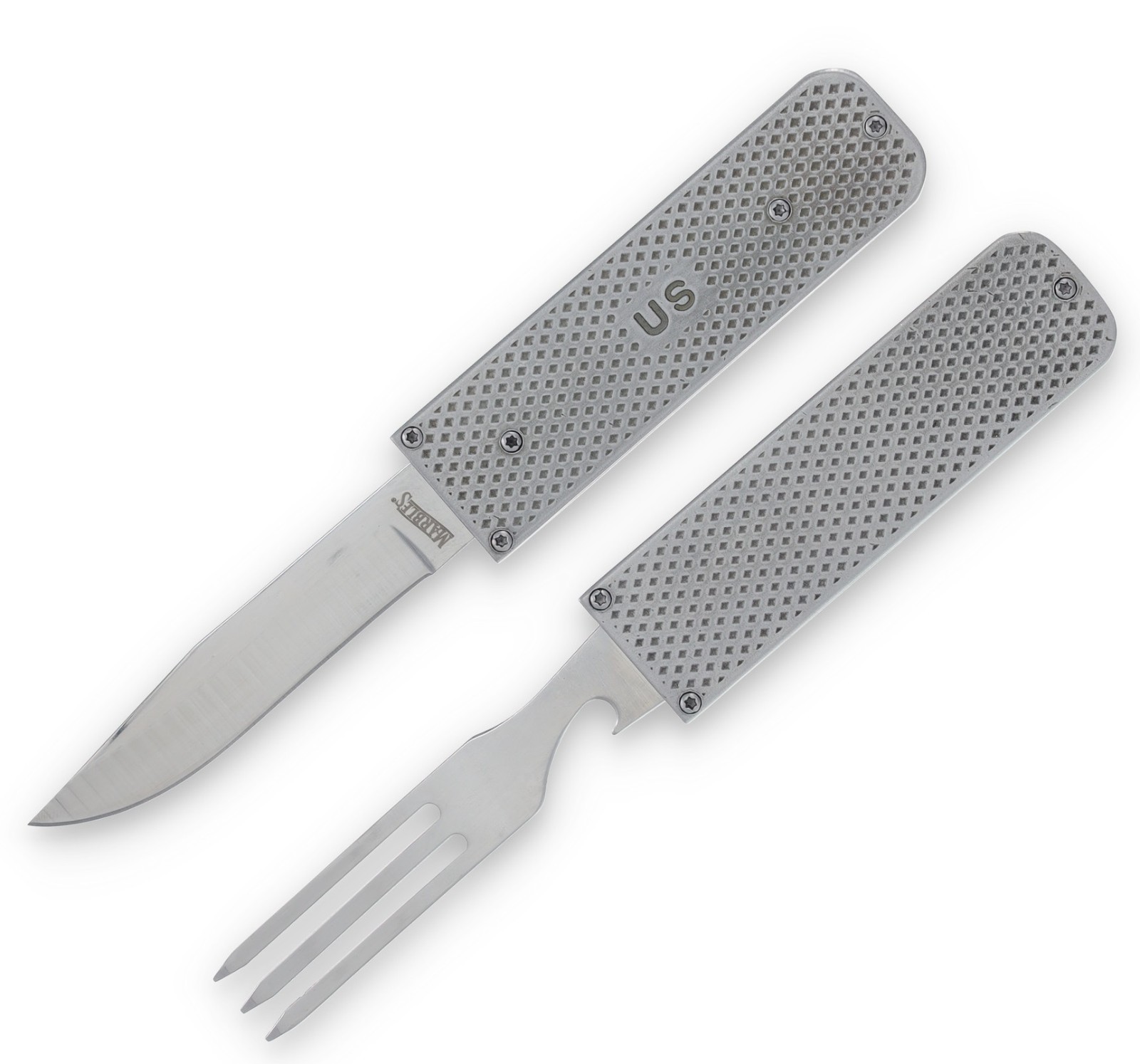 Marbles US GI Eating Utensils, Knife, Fork, Bottle Opener - Camping Cutlery Tool