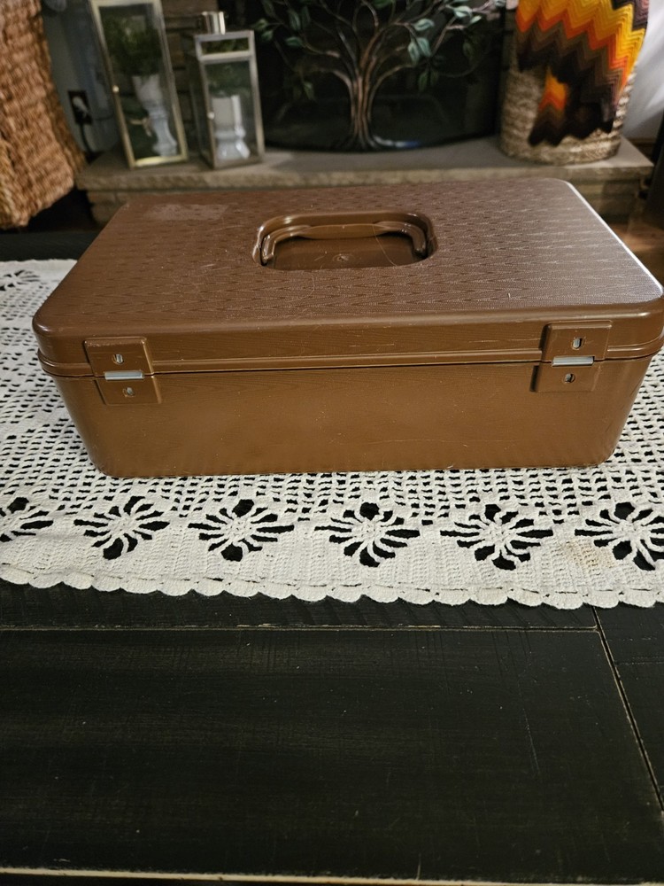 Brown Plastic Spool/Bobbin Sewing Box Organizer Midcentury Modern