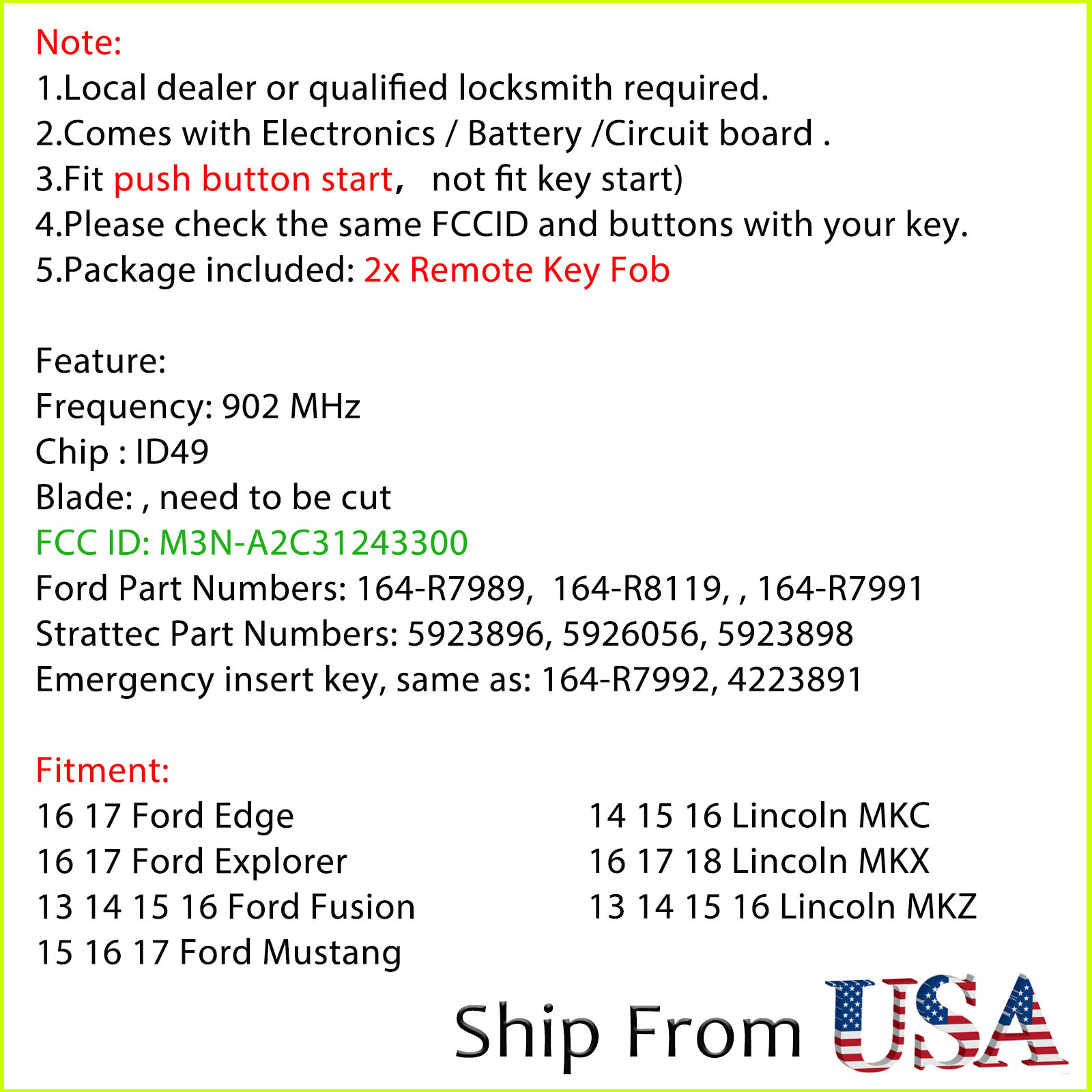 2 For 2015 2016 2017 Ford Edge Explorer Mustang Fusion Smart Prox Remote Key Fob