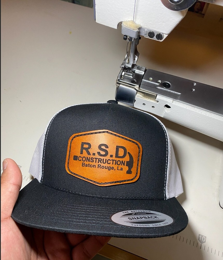 Black Pacific Trucker Cap, Sewed on Custom Leather Patch, Laser Engraved