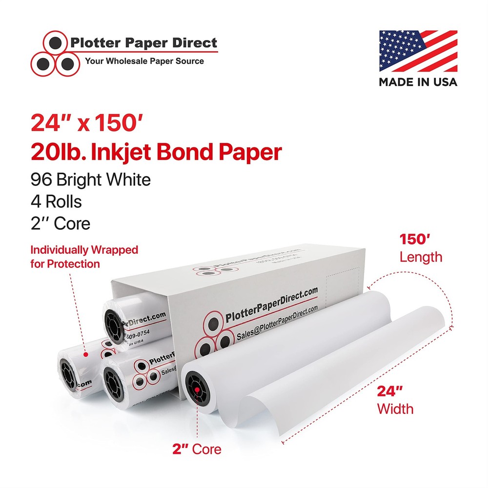 Plotter Paper Direct (20lb, Uncoated | 4 Rolls, 2" Core | 24 In x 150 Ft) for...