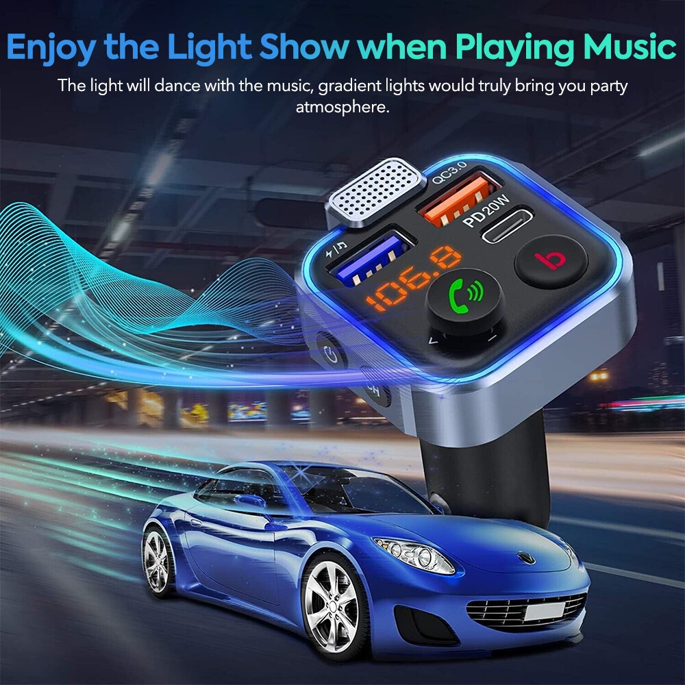 Bluetooth FM Transmitter Car Adapter QC3.0 PD 20W Handsfree USB Charger FM Radio