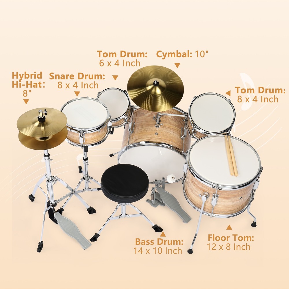 5 Piece Full Size Complete Junior Starter Drum Set Cymbals Kit /w Stool,Sticks