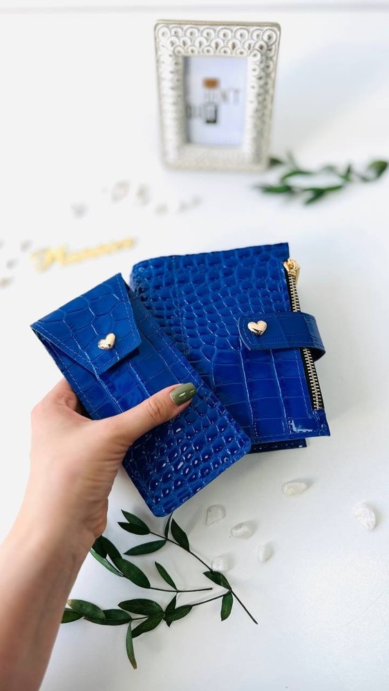 Blue handmade gift leather planner A7 & pencil/ glasses case