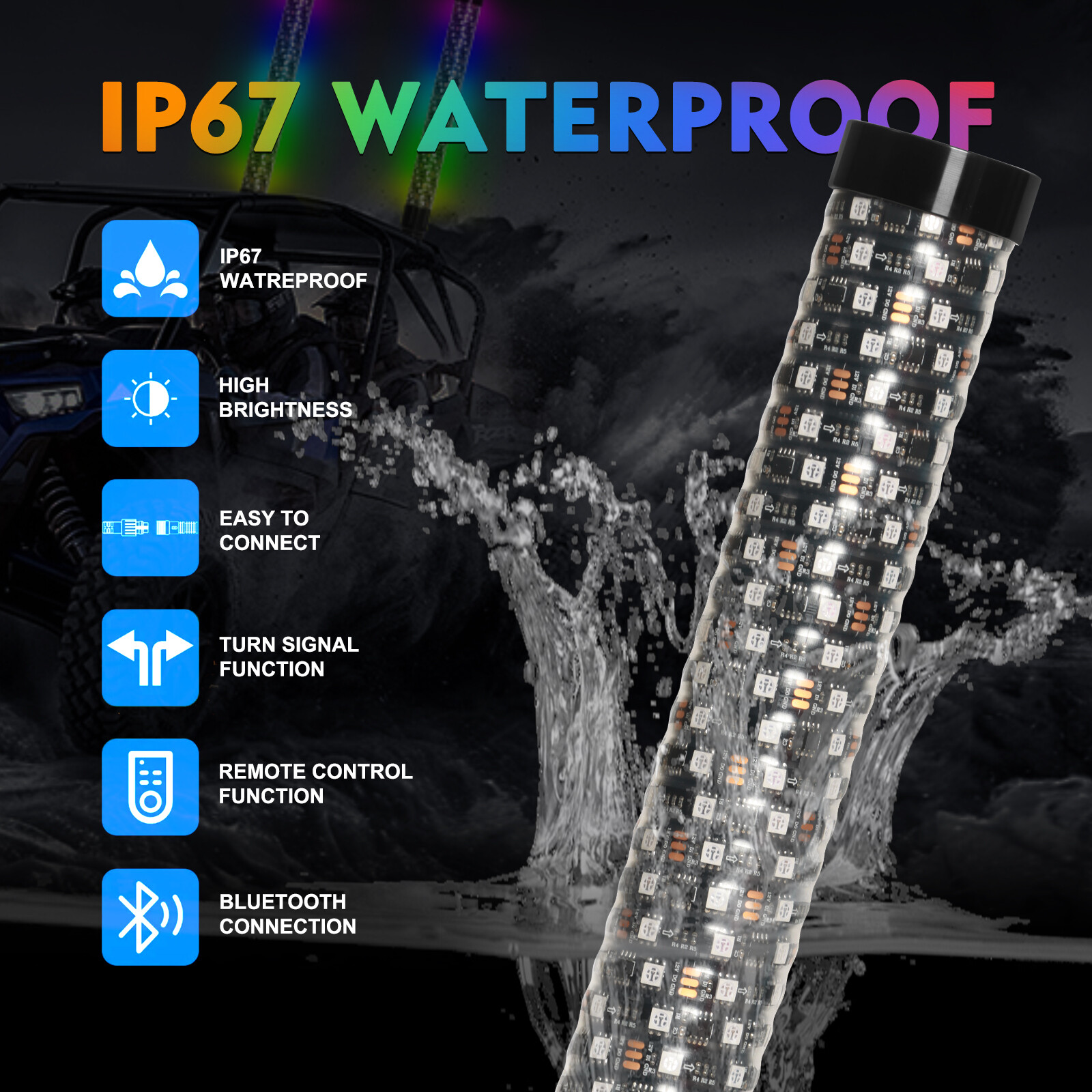 2x 3FT Thick LED Whip Spiral Chasing RGB Fat Whip Lights For Can Am Polaris RZR