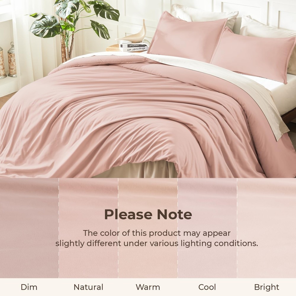 Pink Queen Size Comforter Set, 3 Pieces Blush Plain Bedding Comforter Set, Al...