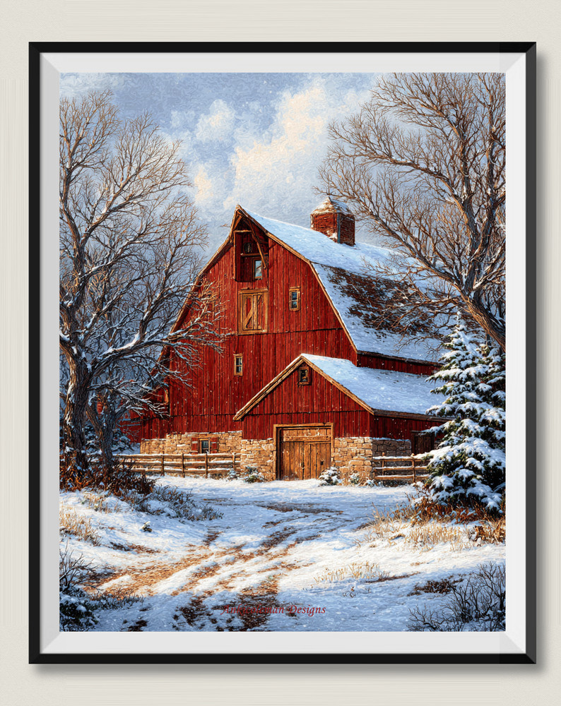 Winter Red Barn - Chart Counted Cross Stitch Patterns Needlework DMC Color DIY