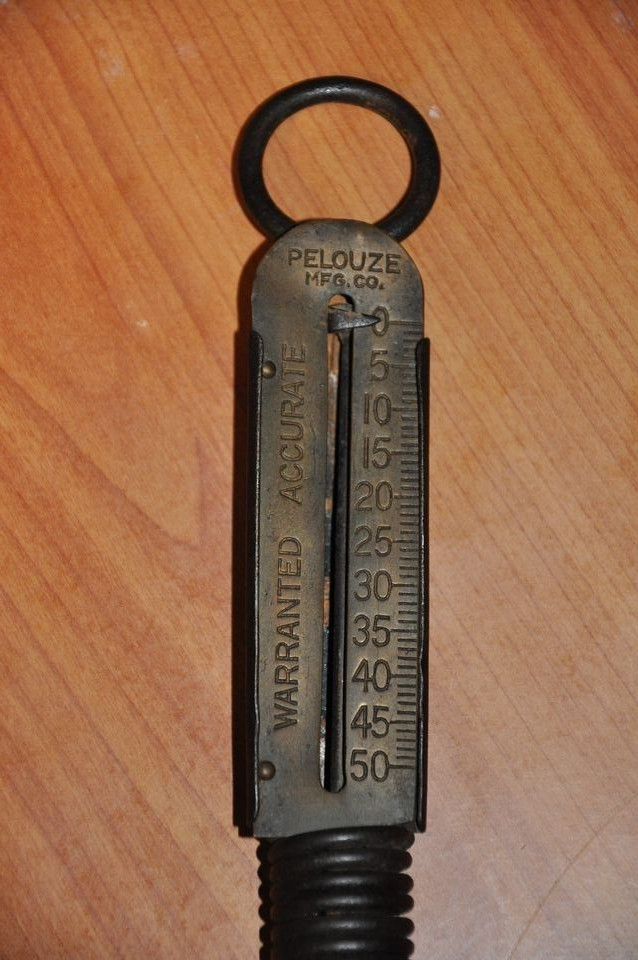 VINTAGE PELOUZE BRASS 50LB SPRING SCALE