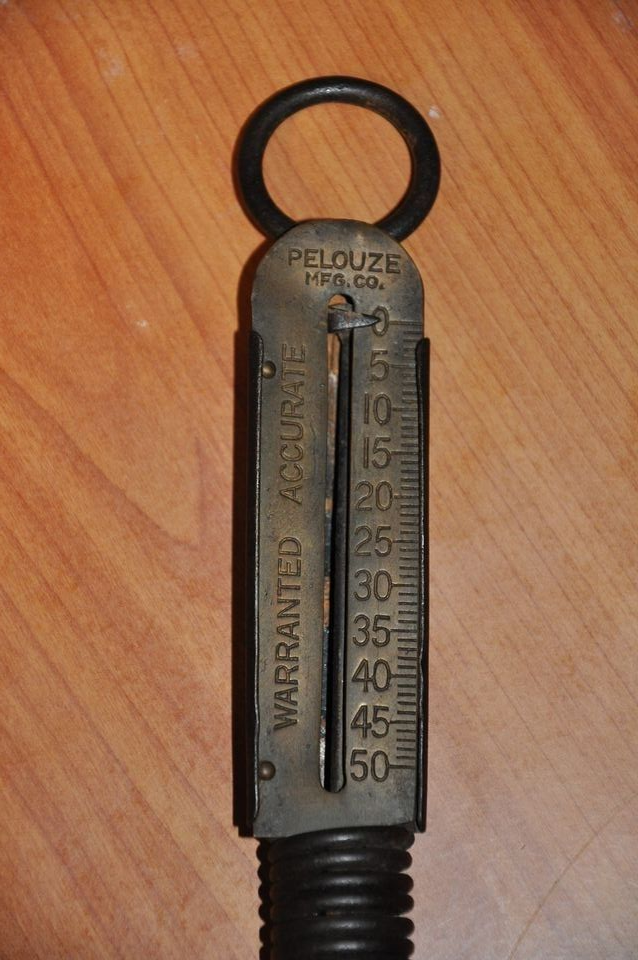 VINTAGE PELOUZE BRASS 50LB SPRING SCALE