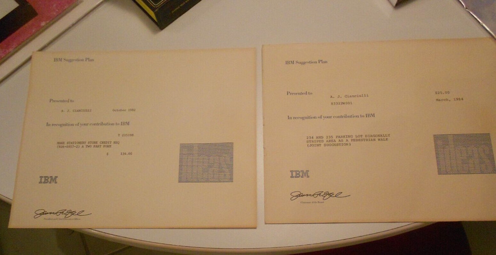 vintage 1982-84 IBM suggestion plan/recognition papers (2)