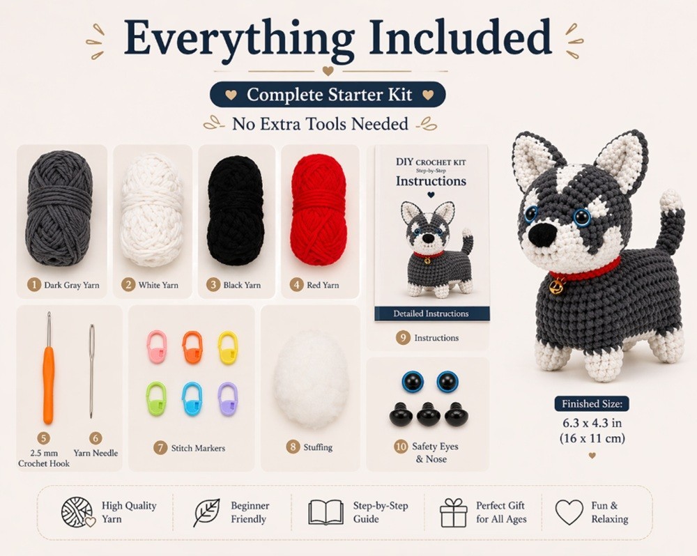 Husky Dog Crochet Kit for Beginners Amigurumi DIY Set with Video Tutorial