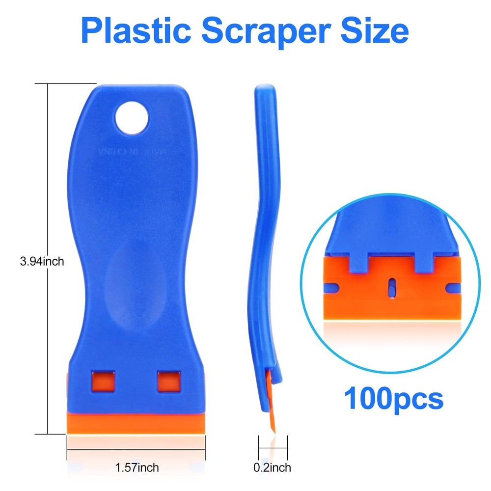 4 Pcs Plastic Razor Blade Scraper and 100 Blades, Remove Label Decal Blue