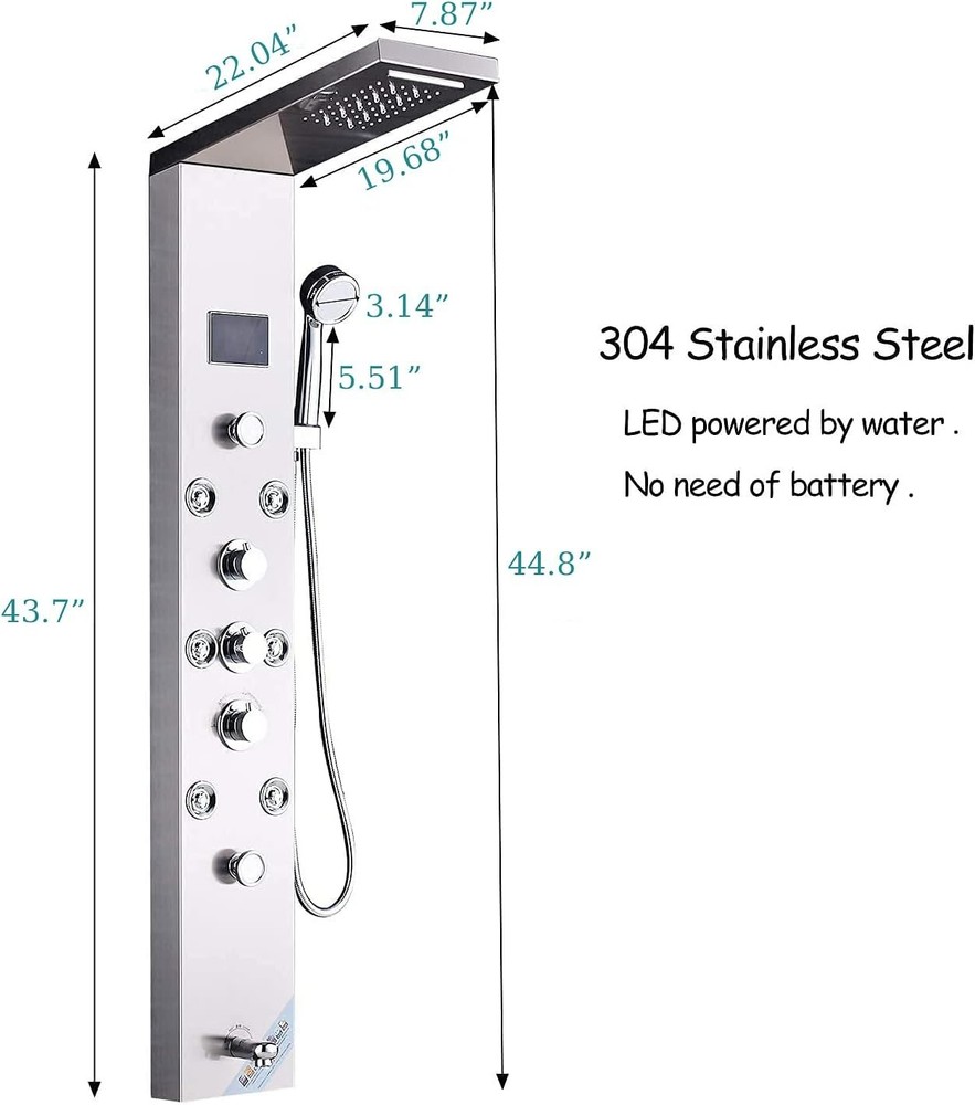 6-Function Brushed Nickel LED Shower Panel Tower System - Spa Experience at Home