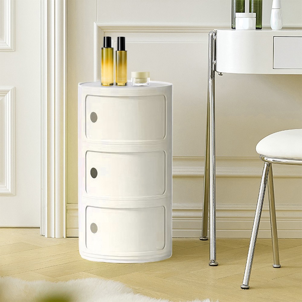 3 Layer Nordic Round Bedside Table Bedroom Mini Storage Cabinet (White)