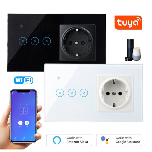 TUYA Smart Life APP WiFi Light Switch Socket EU Touch Panel Works w/Alexa Google