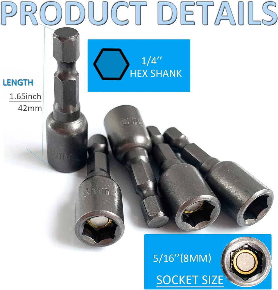 5/16 Nut Driver Bit Set 10PCS Hex Shank Magnetic Socket Quick Change Impact Tool