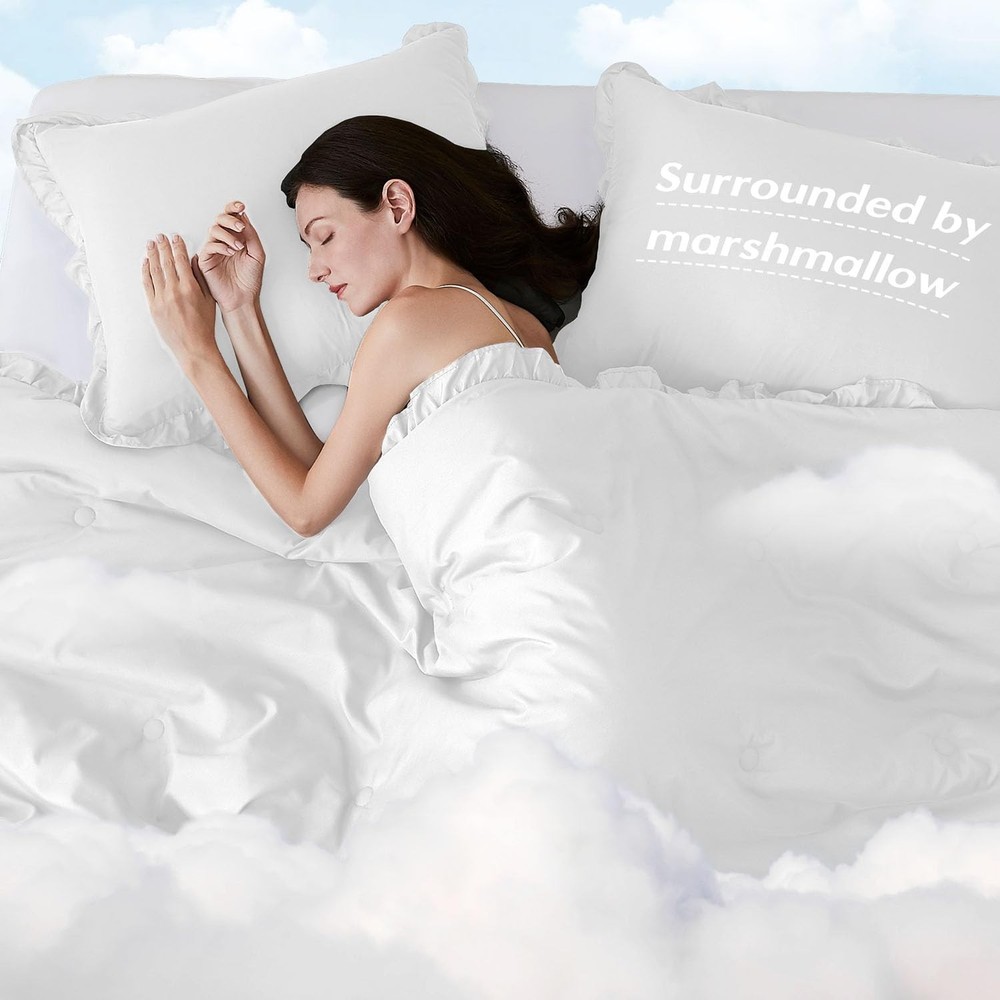 HARBOREST Queen Comforter Set White - Ruffle for Queen,