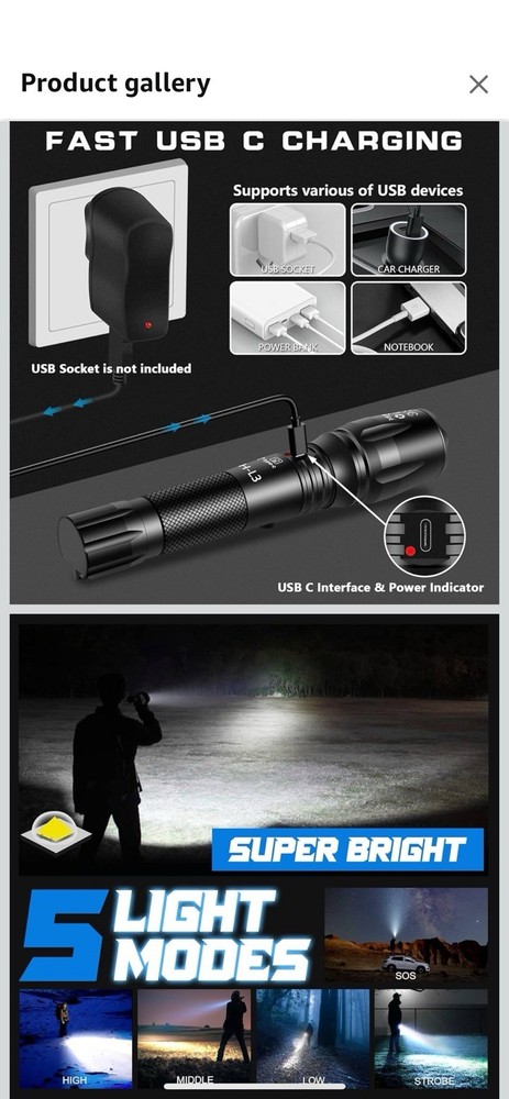PHIXTON Rechargeable Flashlights High Lumens, USB C Chargeable LED Flashlight...