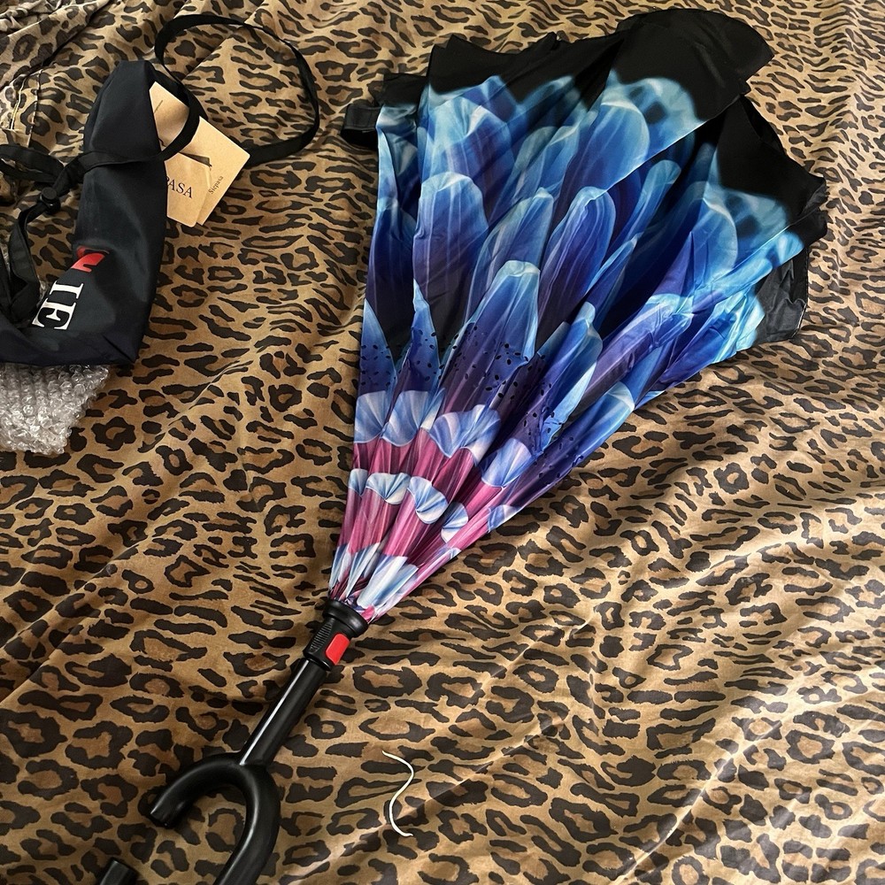 Inverted Reverse Umbrella C-Shaped Handle Windproof Double Layer Blue Flower New