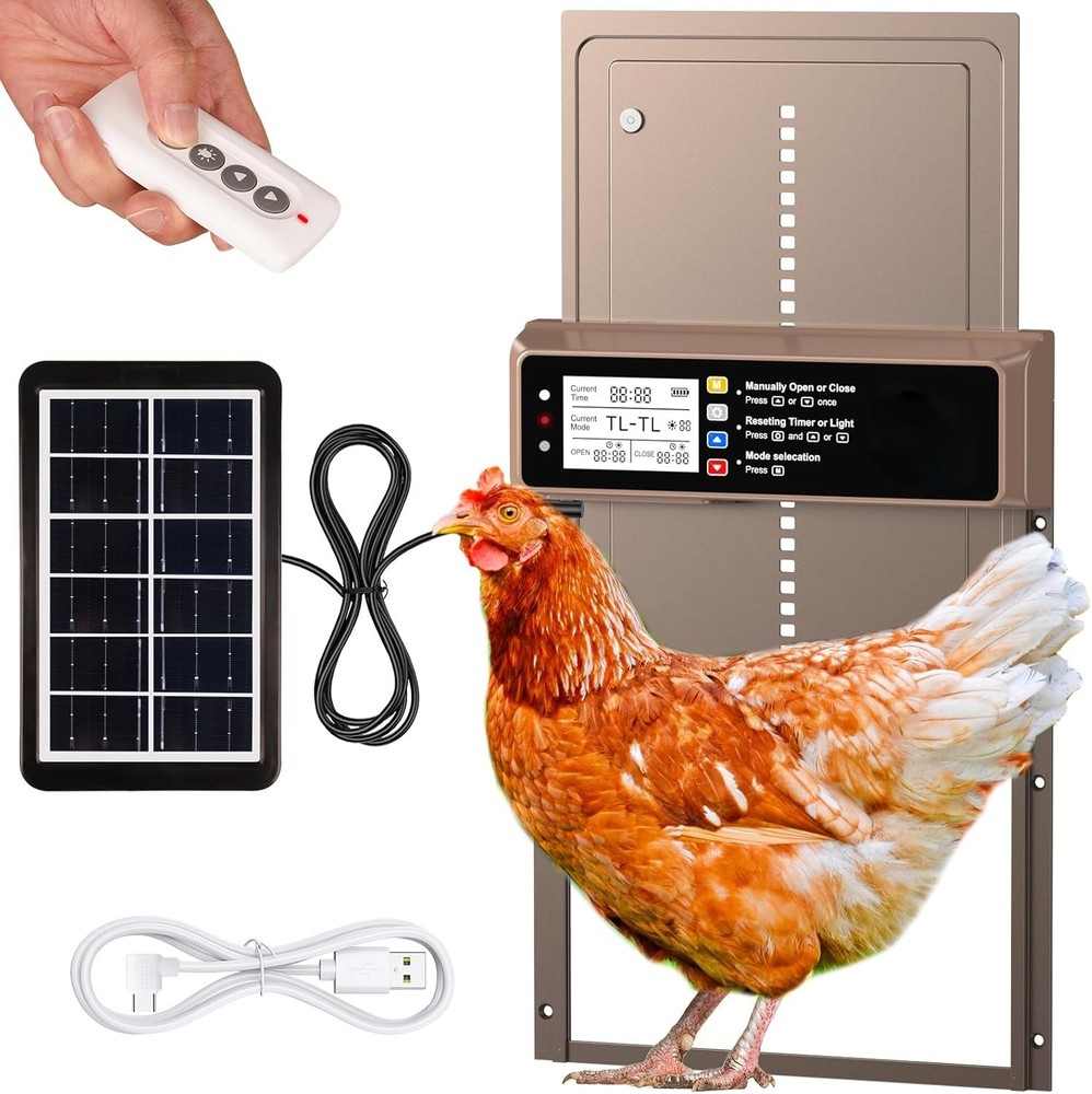 Solar-Powered Automatic Chicken Coop Door with LCD & Remote Control, 8.2' Width