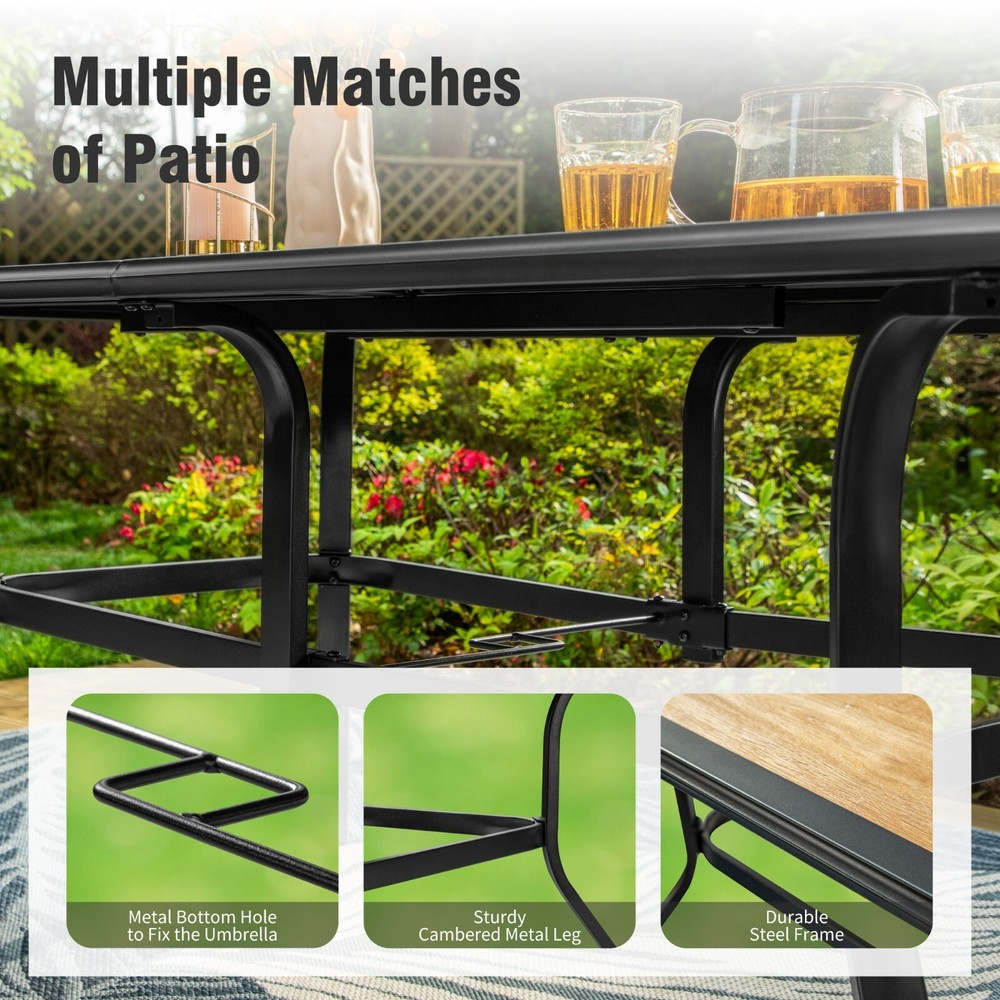 60''Patio Dining Table for 6 Person Outdoor Table with Umbrella Hole Rectangular