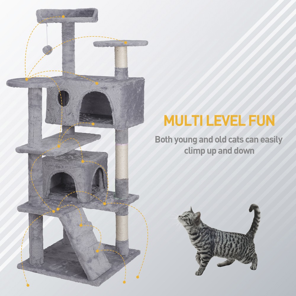 55'' Cat Tree Tower with Sisal Posts Sturdy Cat Activity Center Light Grey