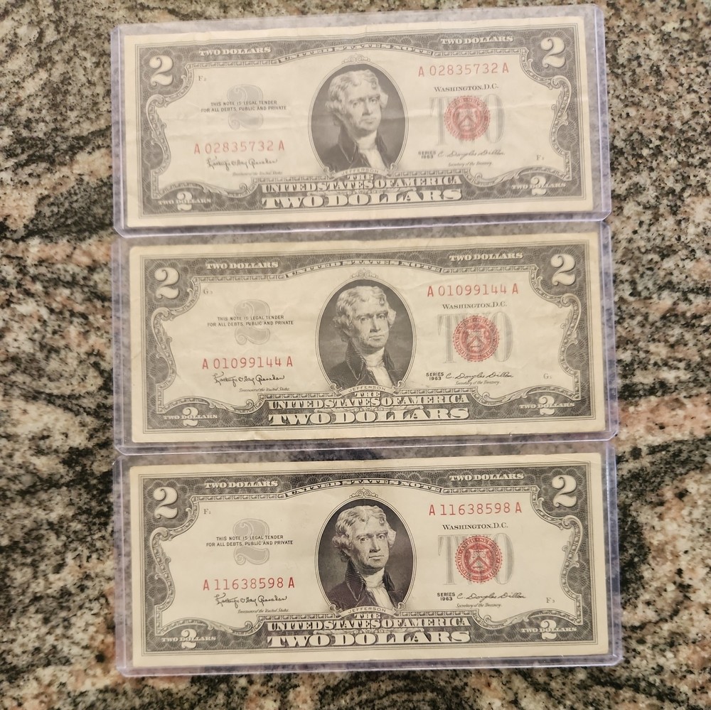 3- 1963 $2 Two Dollar Bill Red Seal Notes