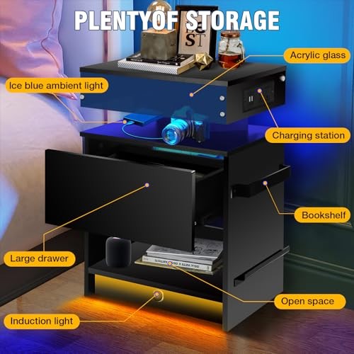 Nightstand with Induction Light & Side Charging Station, Modern Bedside Table