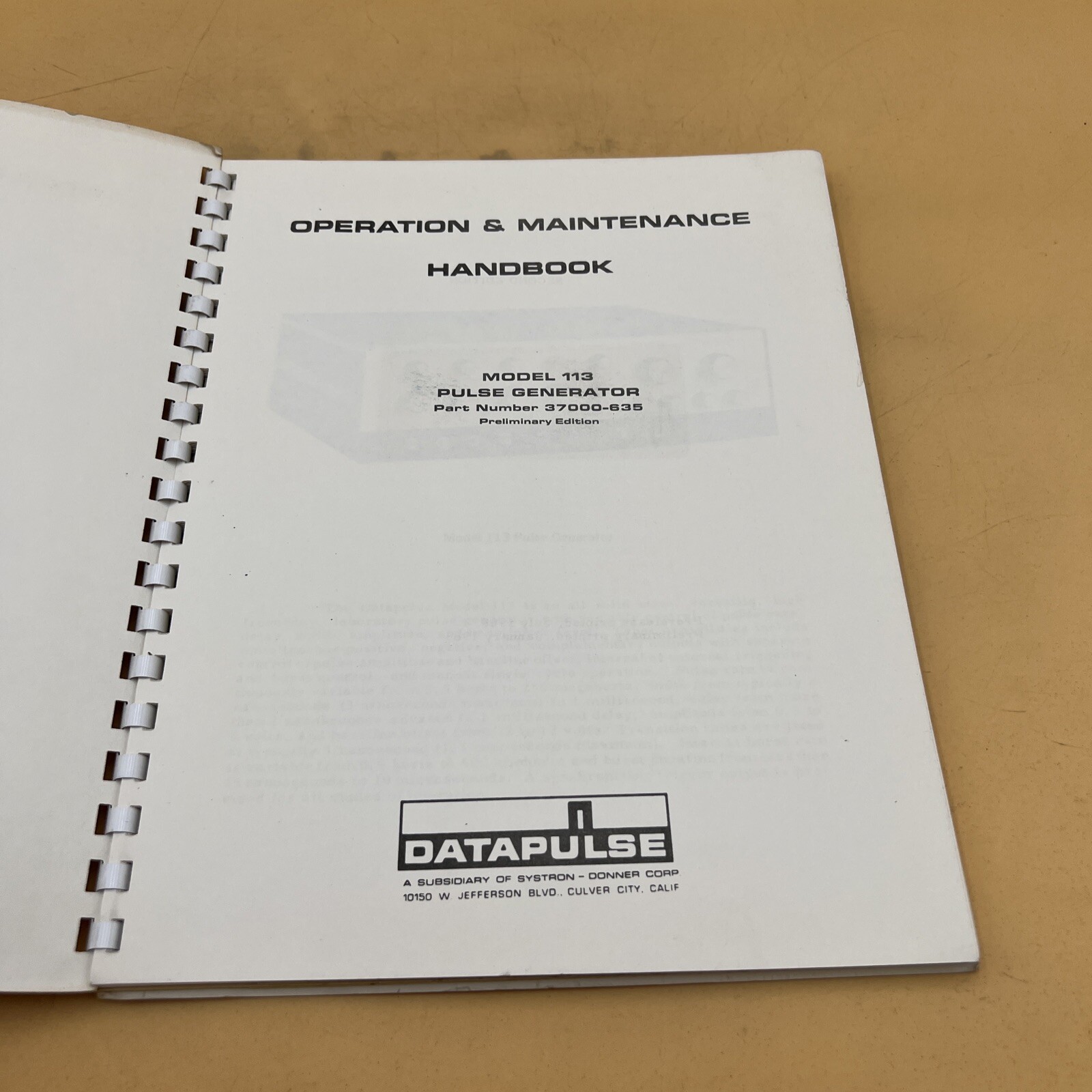 Datapulse Model 113 Pulse Generator Operation and Maintenance Manual Preliminary
