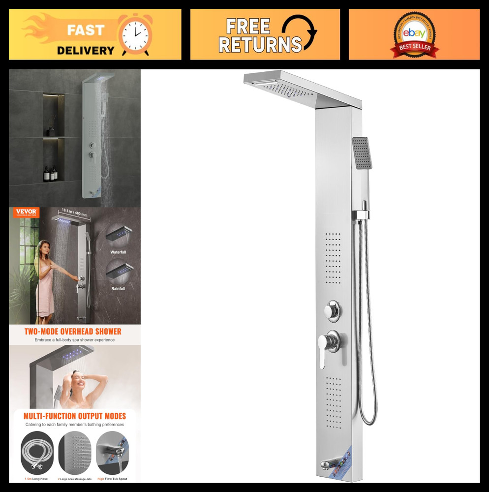 5-Mode Shower Panel System with LED, Rainfall & Waterfall, 2 Body Jets, Handheld