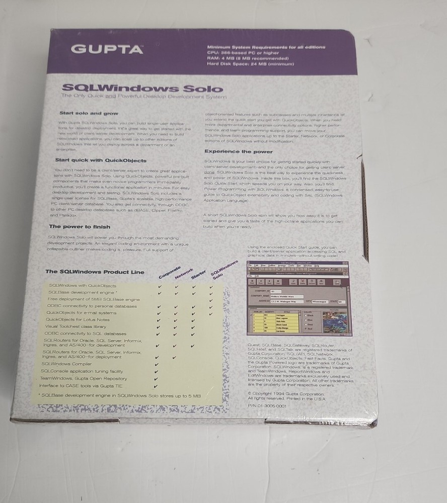 Gupta SQLWindows Solo Desktop Development System Sealed Box Windows 1994