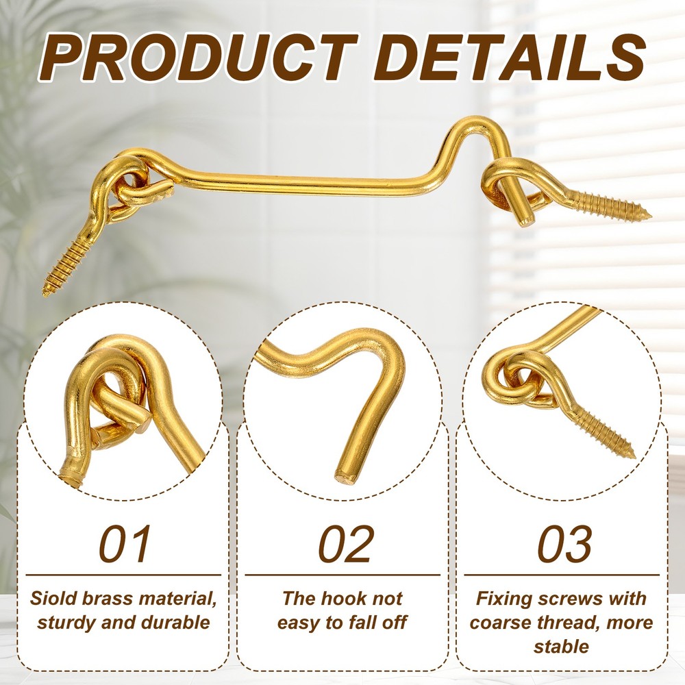 2Pcs Cabin Hook Eye Latch, 3" Solid Brass Eye Latch Hook with Screws, Brass