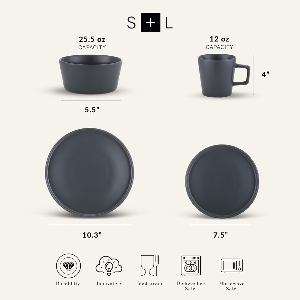 32 Piece Stoneware Dinnerware Set, Service for 8, Gray Matte