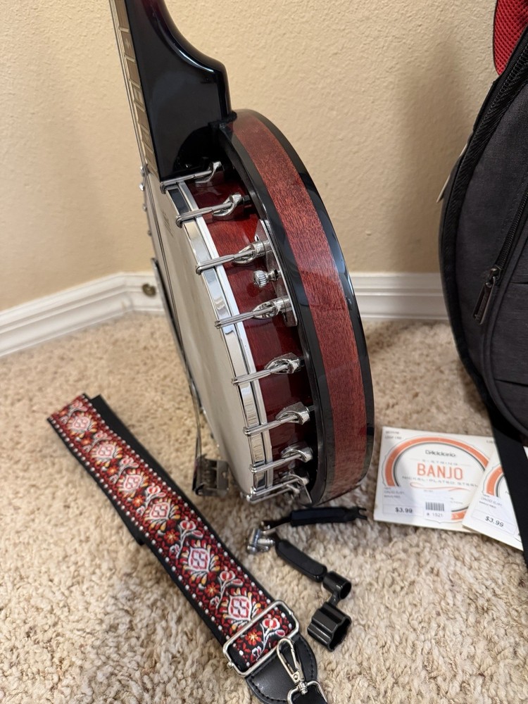 Mitchell MBJ200 Mahogany 5 String Banjo + Crossrock Bag + Strings Bundle READ