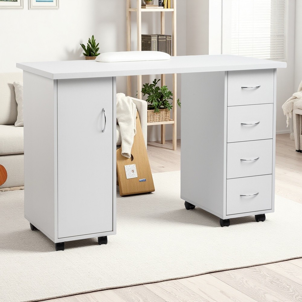 Rolling Computer Desk - White, 4-Drawer, 2 Shelves Storage & MDF ​Nail Table​