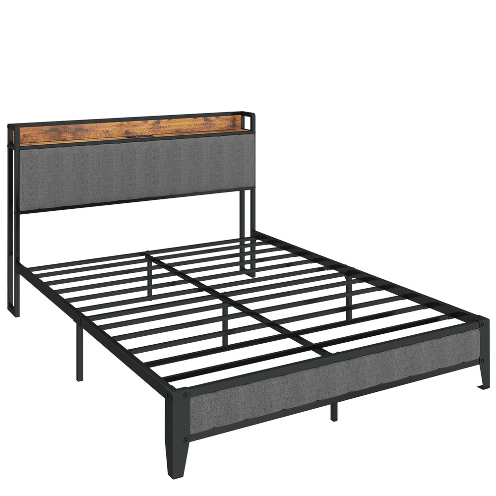 Full Size Bed Frame with Upholstered Headboard Metal Platform Bed with Outlets