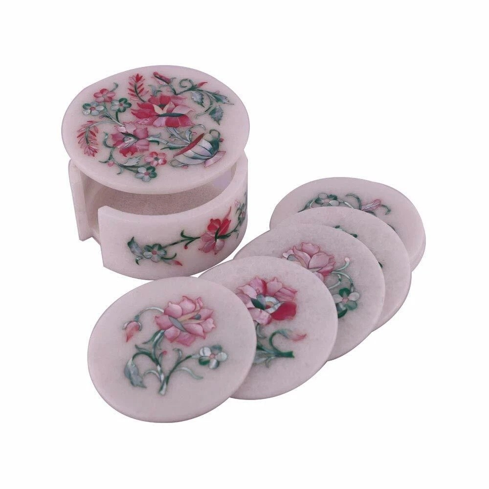 4.5" Round Marble Decorative Coaster Set Multi MOP Inlay Work Coffee Coaster Set