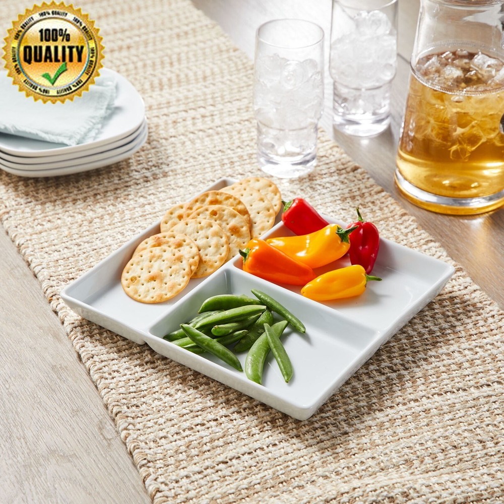 Porcelain Rectangular Divided Tray 9 x 10 for Appetizers Desserts Microwave Safe