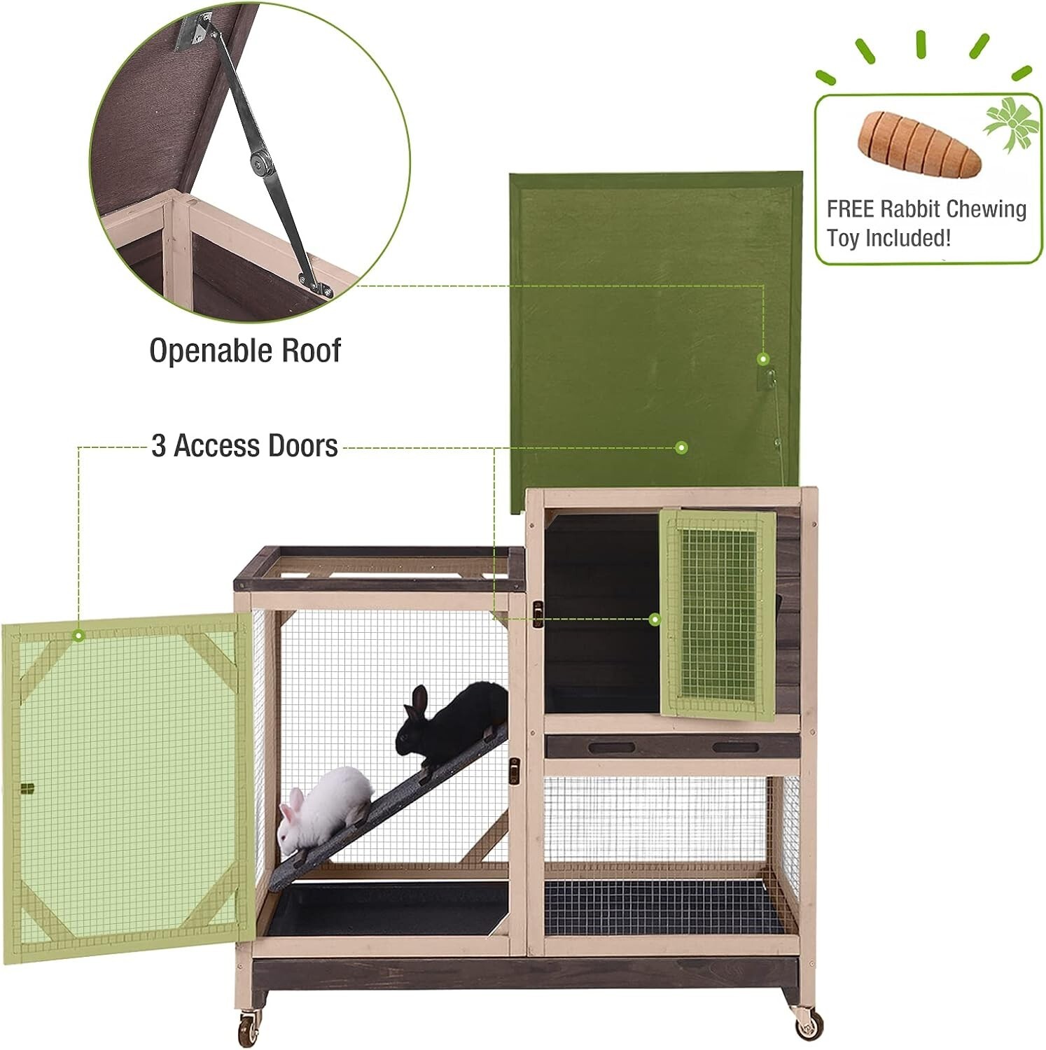 Rabbit Hutch Indoor Outdoor 2 Story Bunny House on Wheels Wooden Rabbit Cage