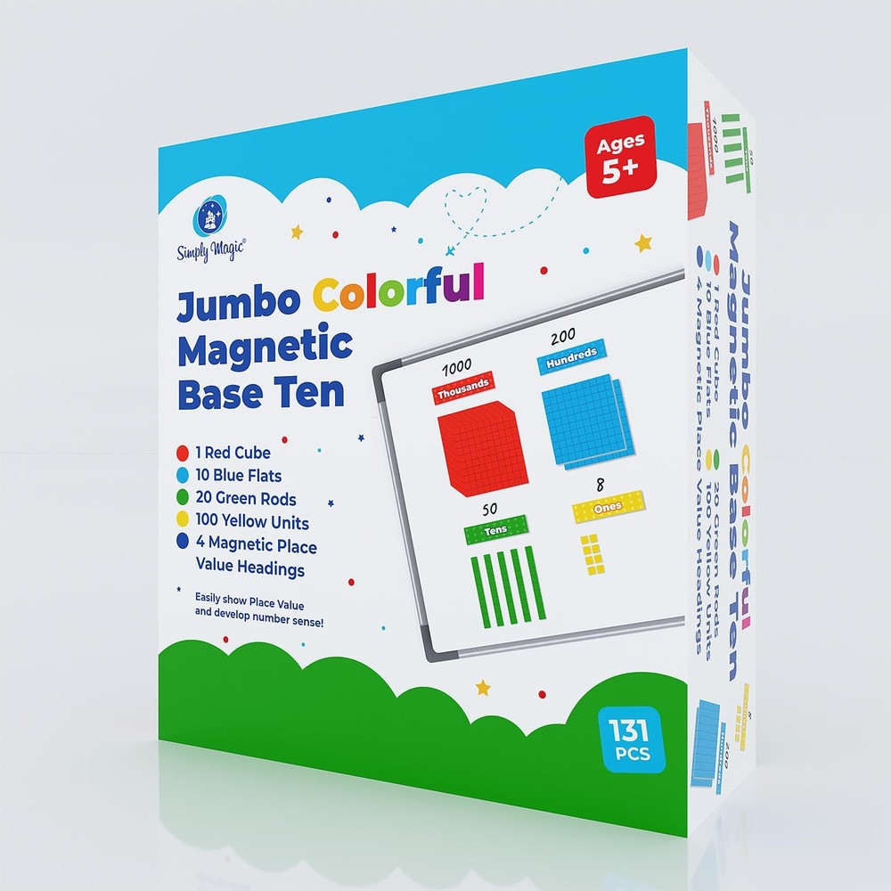 Simply Magic 131+4pc Jumbo Magnetic Base Ten Blocks for Math Learning