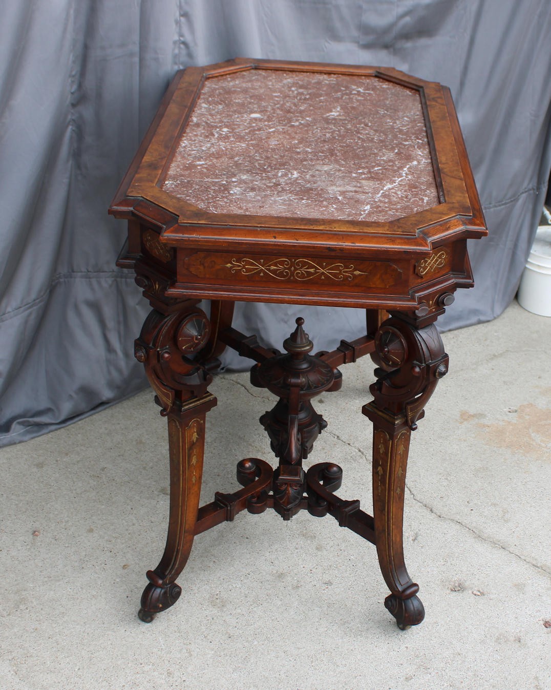 Antique Victorian Renaissance Revival Parlor table with framed Brown Marble top