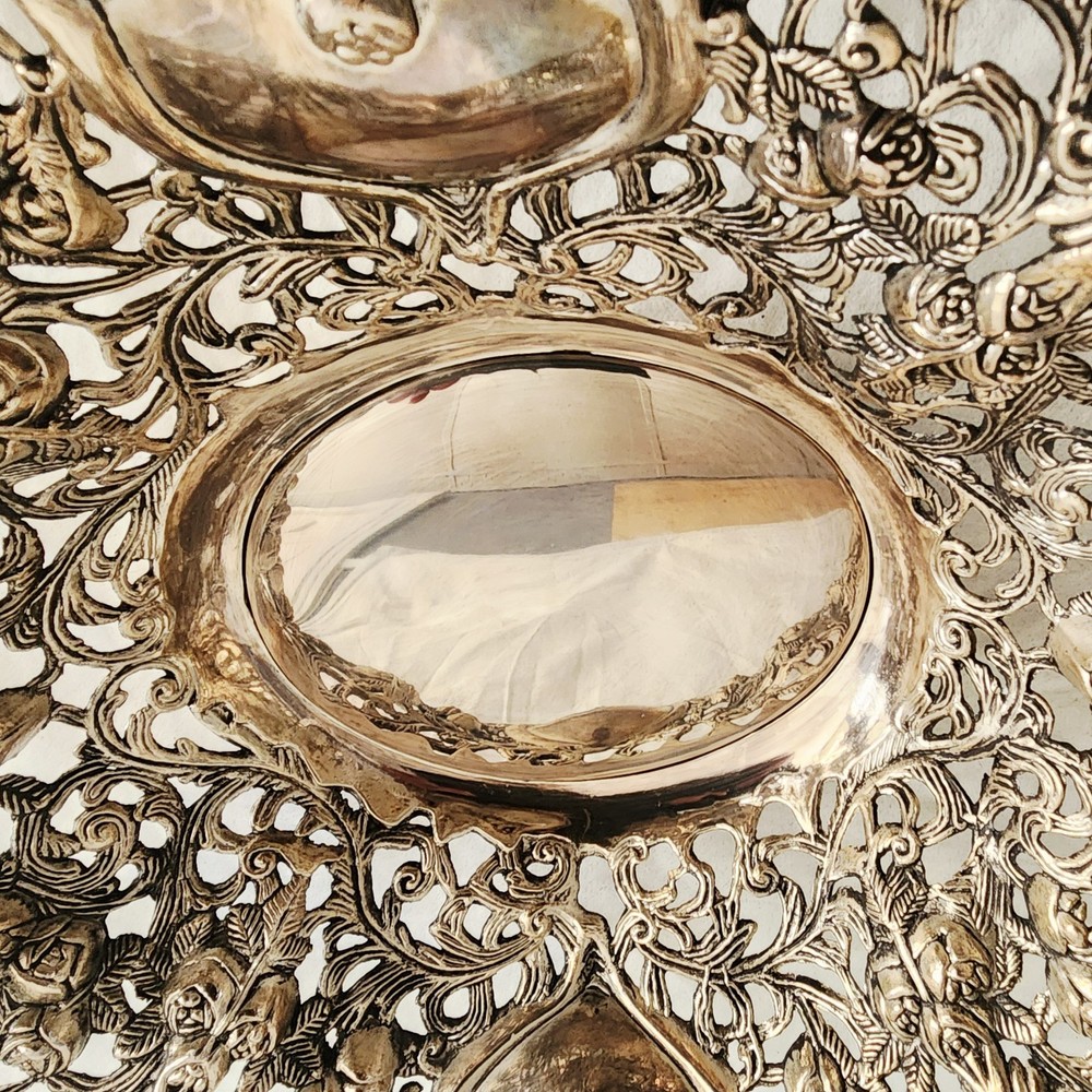 Silverplate Metal Centerpiece Bowl Intricate Pierced Openwork Design Roses