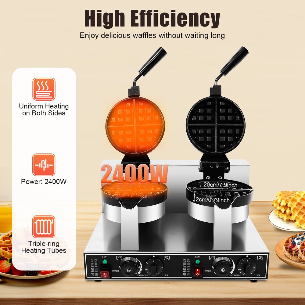 Commercial Dual Head Belgian Waffle Maker Rotating Double Waring Breakfast Maker