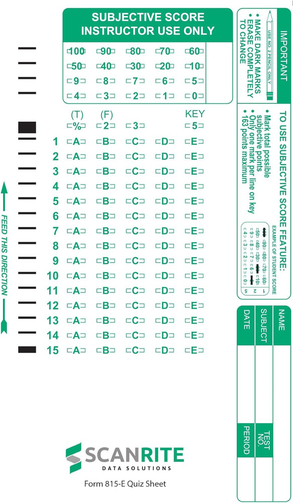 Scanrite 815-E Scantron Compatible Quiz Sheet. 15 Questions.