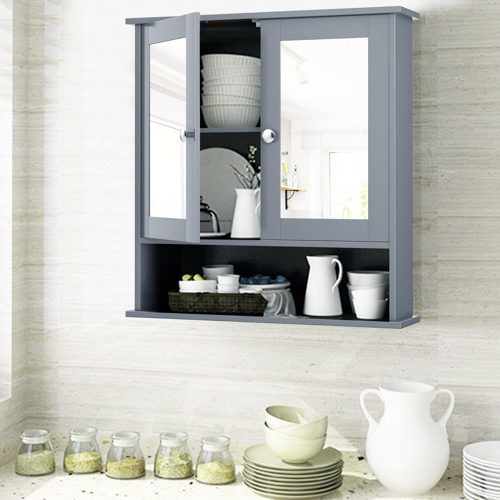 Costway Wall Mount Mirror Cabinet Bathroom Medicine Cabinet Organizer Grey