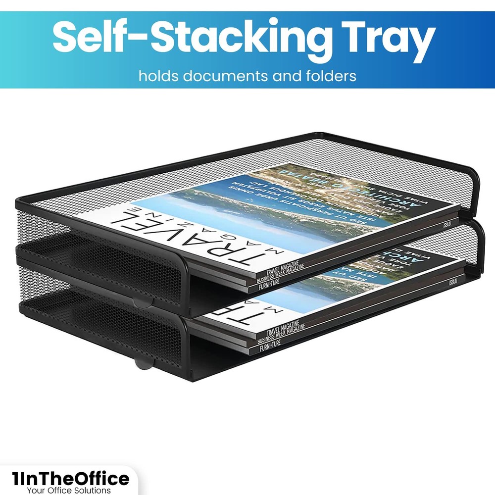 Side Load Letter Tray Stackable Black Mesh Tray Legal Size "2 Pack"
