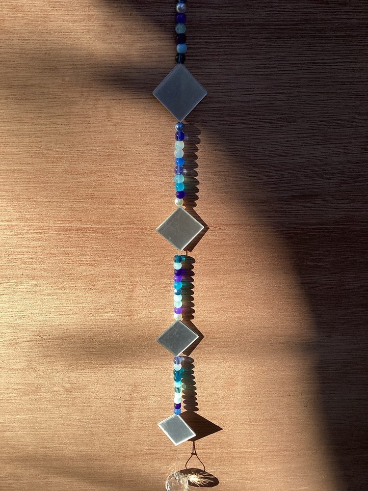 Handmade Beaded Mirrored Dangle. Blue Tones With Mirrors.