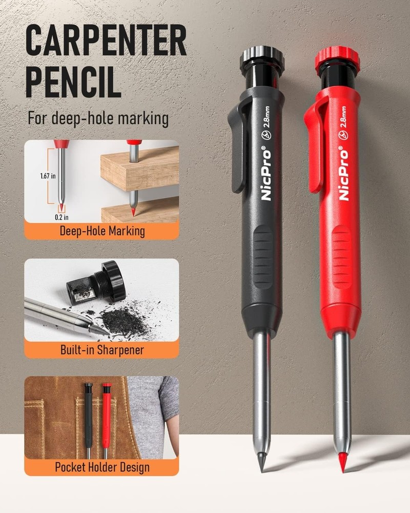 Versatile Carpenter Pencil Set: 2 Pencils, 26 Refill Colors & Handy Sharpener